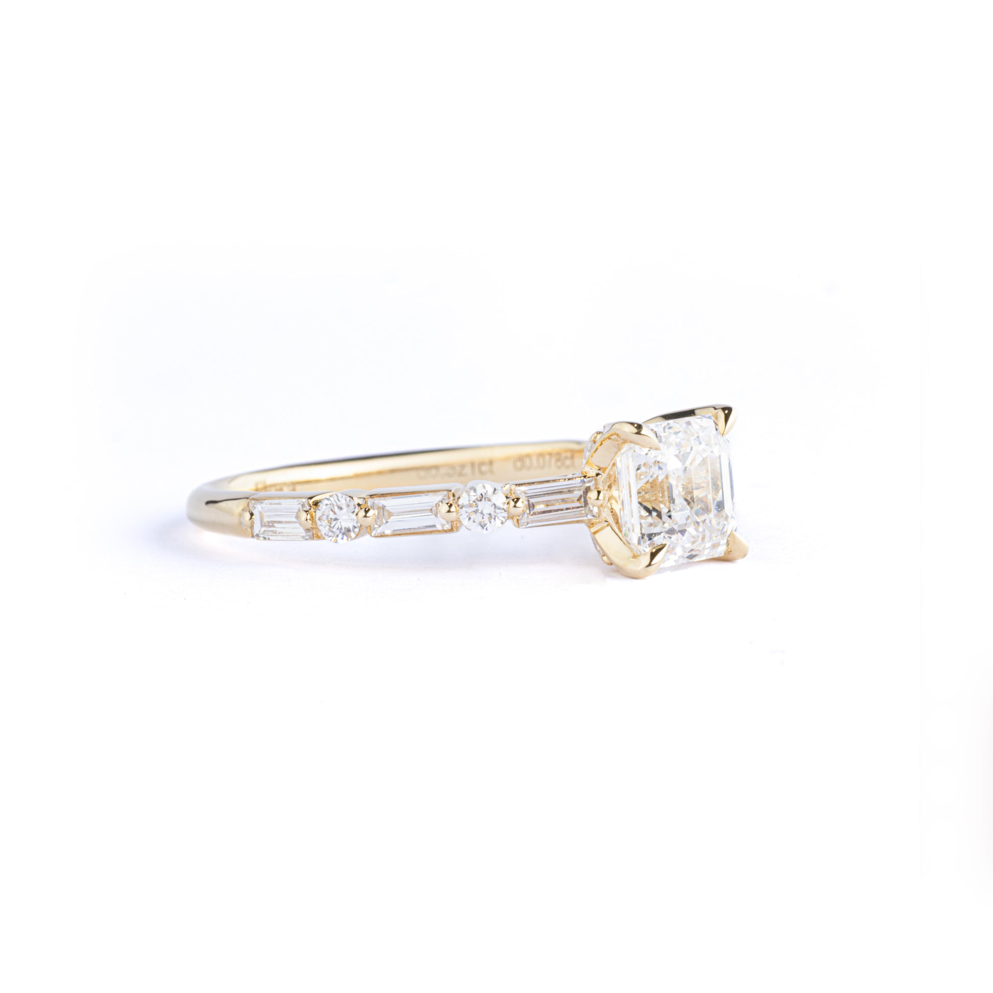 Angled View Asscher Cut Diamond Engagement Ring pavé round and baguette diamonds