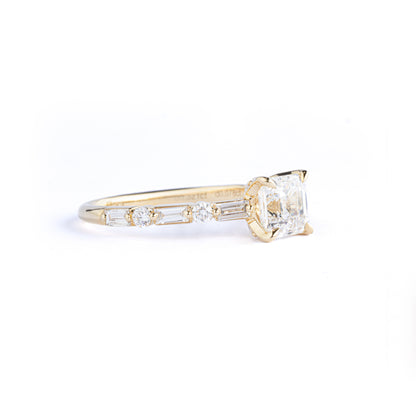 Angled View Asscher Cut Diamond Engagement Ring pavé round and baguette diamonds