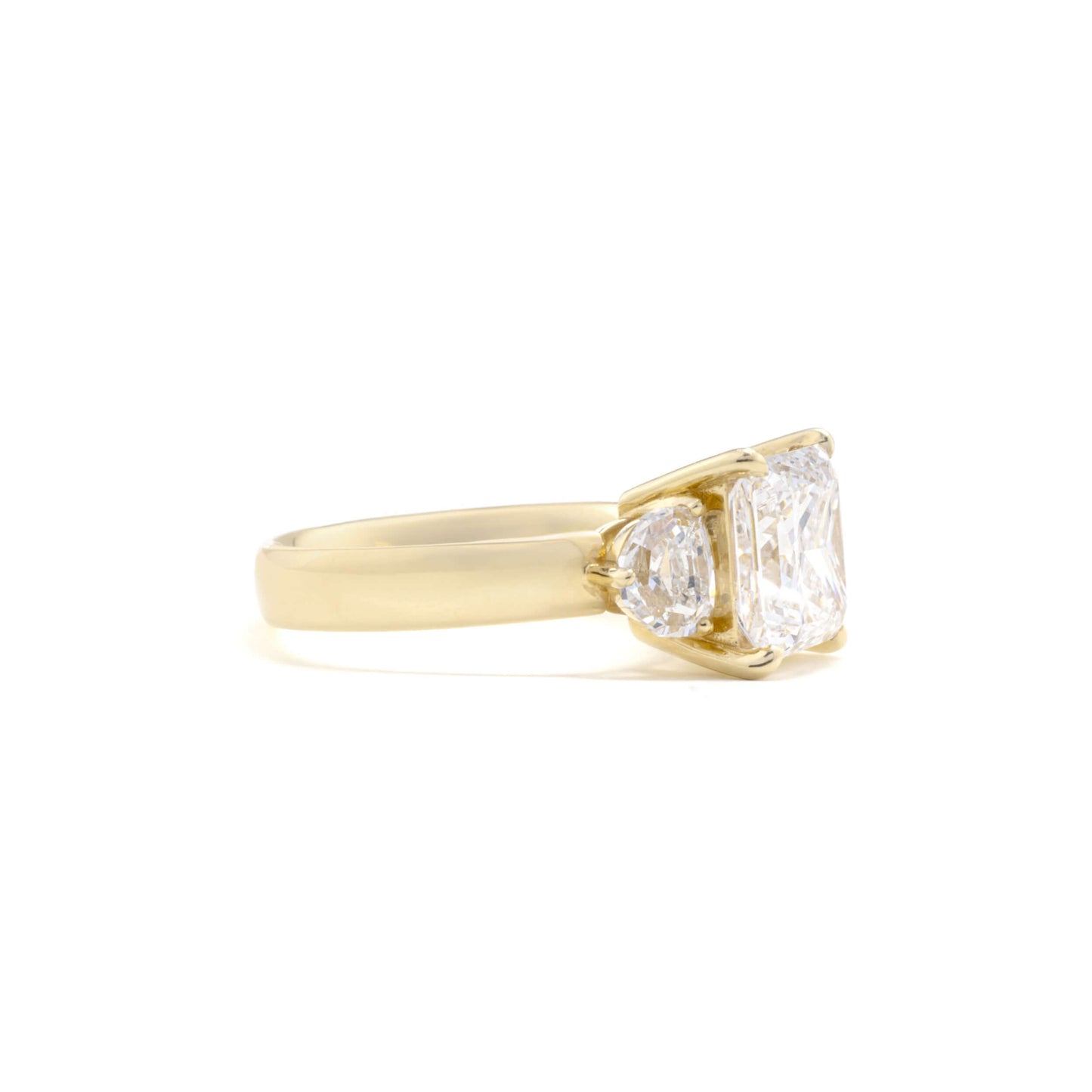 Angled View Hailey Princess Cut Lab Diamond Three-Stone Ring in 14K/18K Gold
