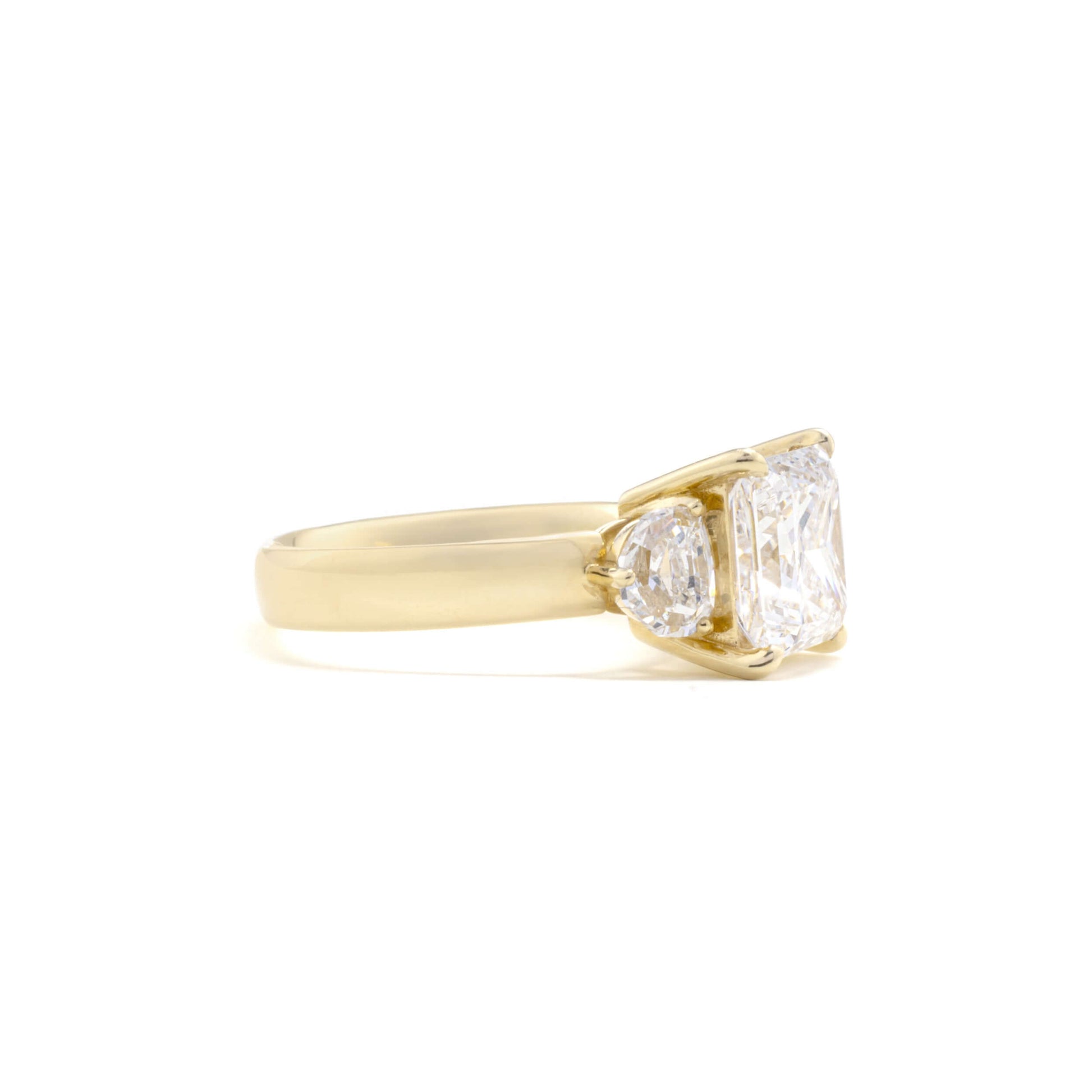 Angled View Hailey Princess Cut Lab Diamond Three-Stone Ring in 14K/18K Gold