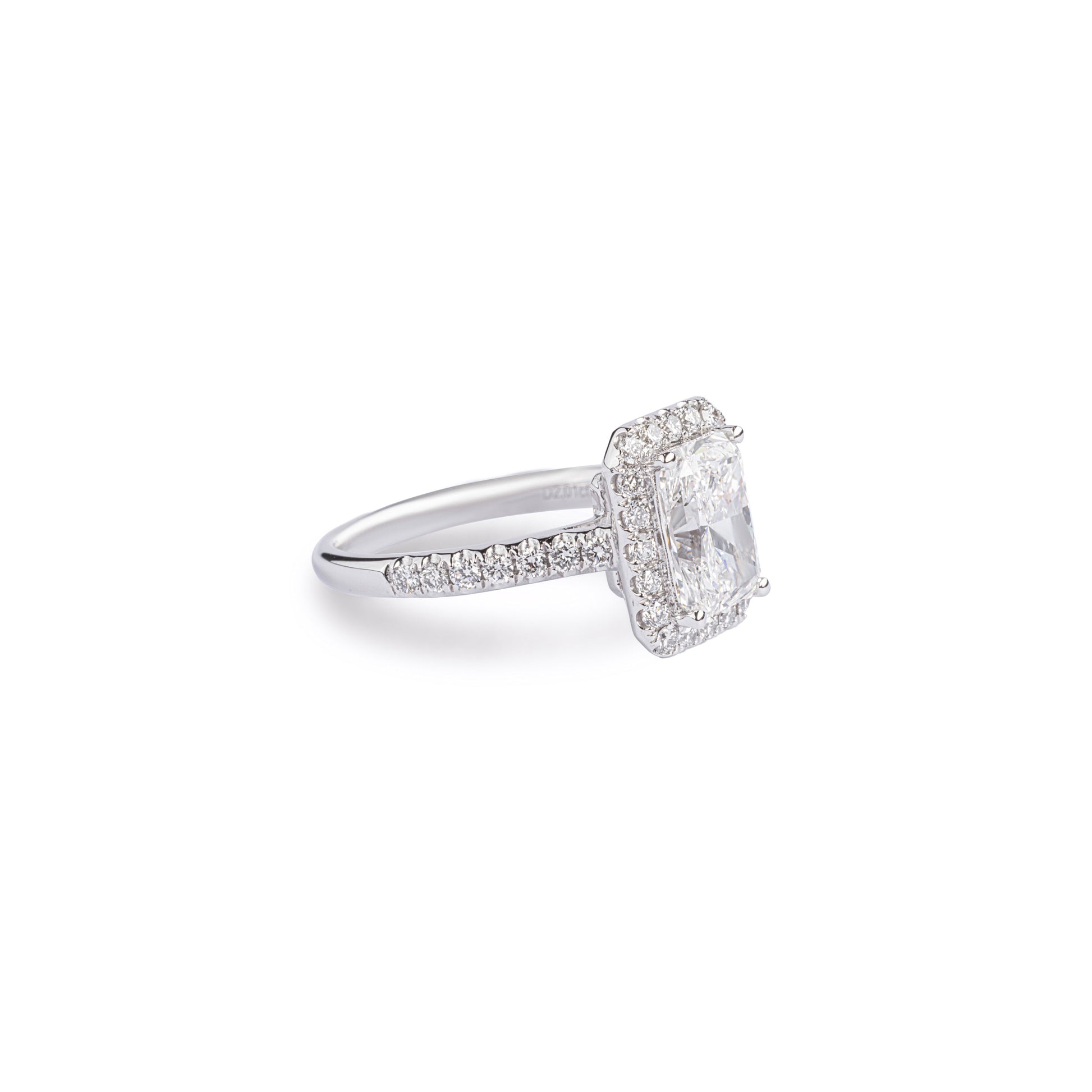 Angled View Radiant Cut Diamond Halo Engagement Ring with Pavé setting
