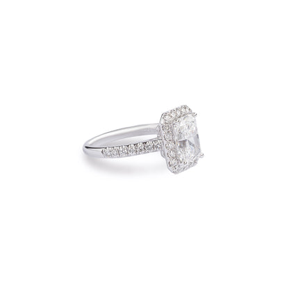 Angled View Radiant Cut Diamond Halo Engagement Ring with Pavé setting