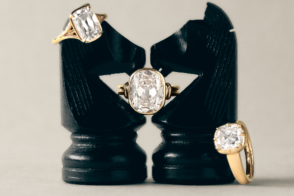 Three yellow gold rings with large clear gemstones displayed on a minimalist black sculptural stand against a light gray background.