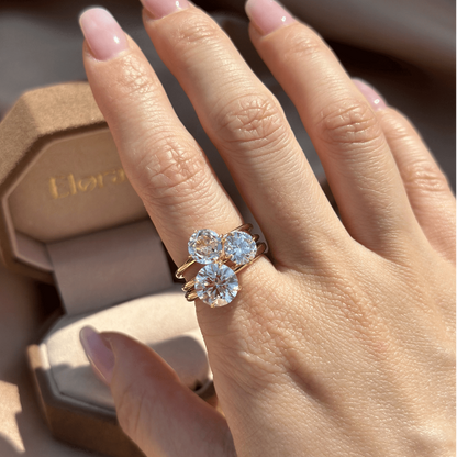 Bold stacked ring look with Layla Round diamond ring paired with 2 round cut diamond rings