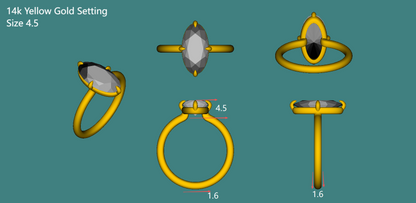 Custom Oval Cut Diamond Ring Setting in 14K yellow gold, showcasing size 4.5 with a halo-free design.