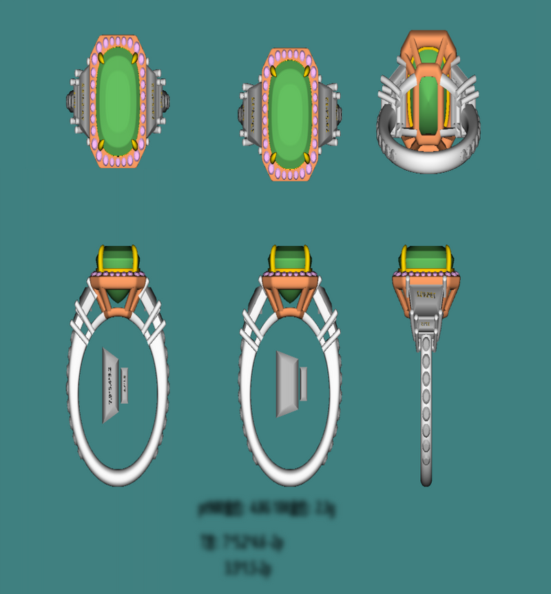 Cushion Green Diamond Three Stone Halo Pave Ring