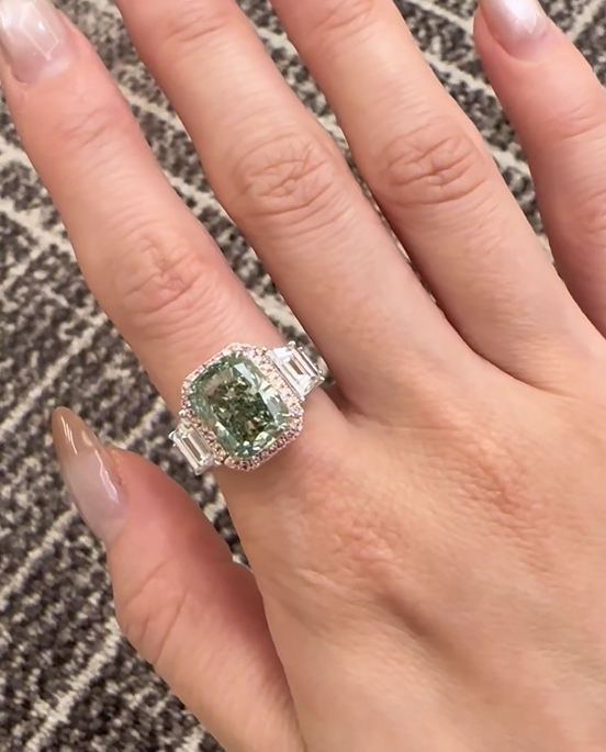 Cushion Green Diamond Three Stone Halo Pave Ring