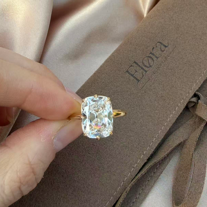 Eliza-Old Mine Cut Lab Grown Diamond Engagement Ring displayed on hand with gold setting and Elora packaging.