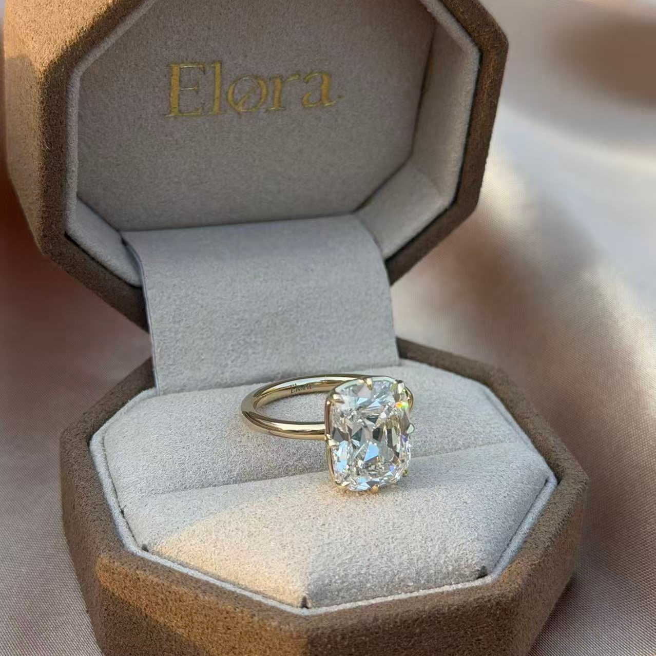 Eliza-Old Mine Cut Lab Grown Diamond Engagement Ring showcased in elegant Elora box.