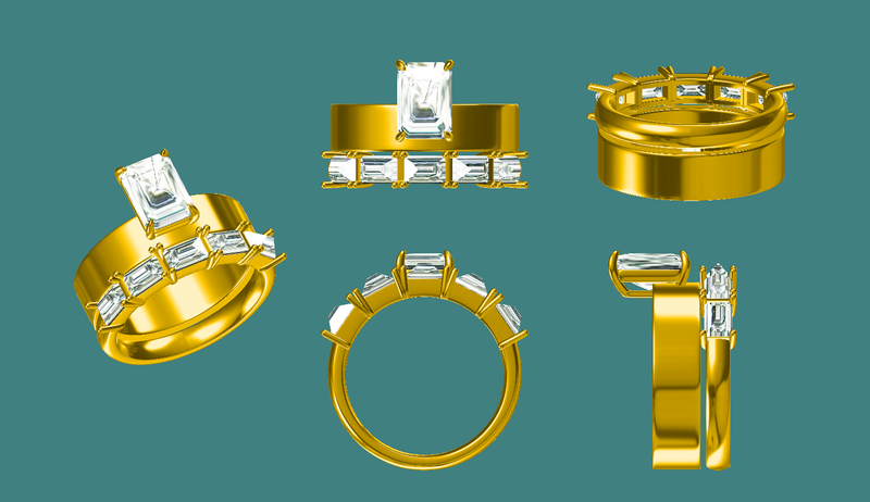 Emerald cut Diamond  Ring Wide Band