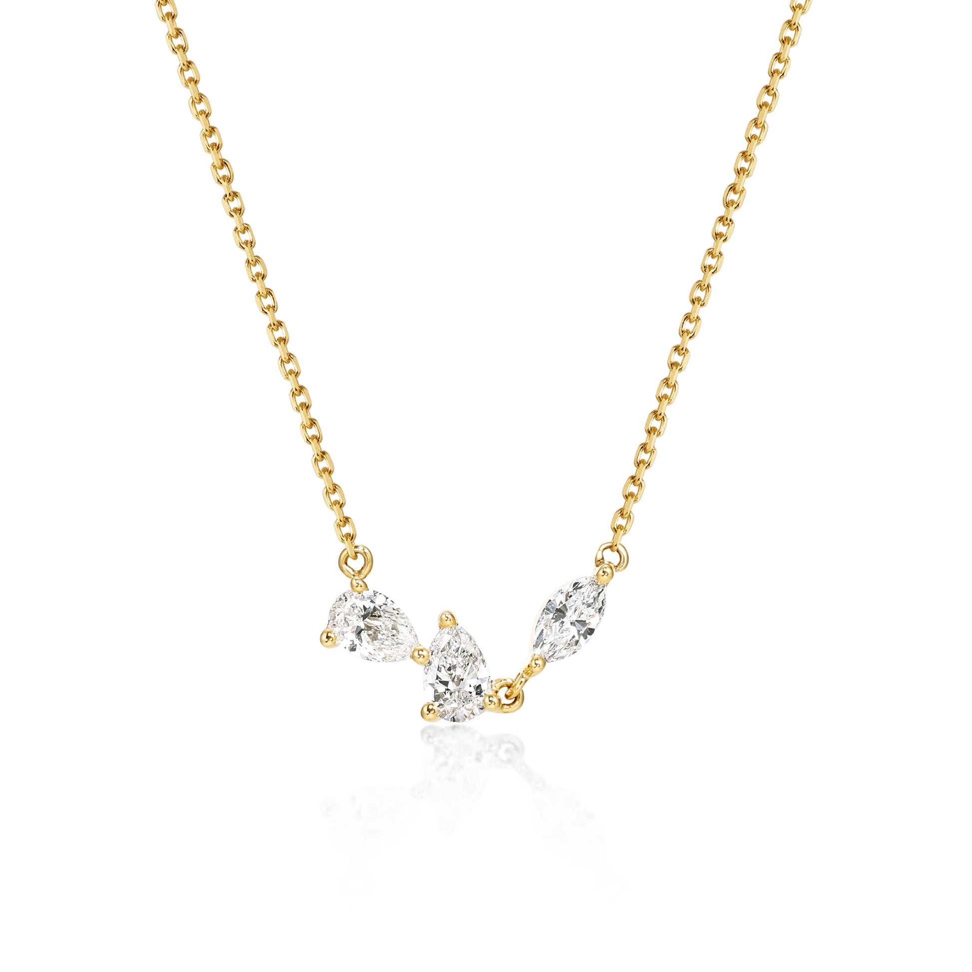 Face View Trio Diamond Necklace of mixed pear and marquise cut diamonds in 14k/18k Yellow Gold | Orla | Elora