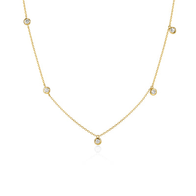 Face view Diamond Station Necklace 5 bezel-set round diamonds in 14k/18k Yellow Gold | Astra | Elora