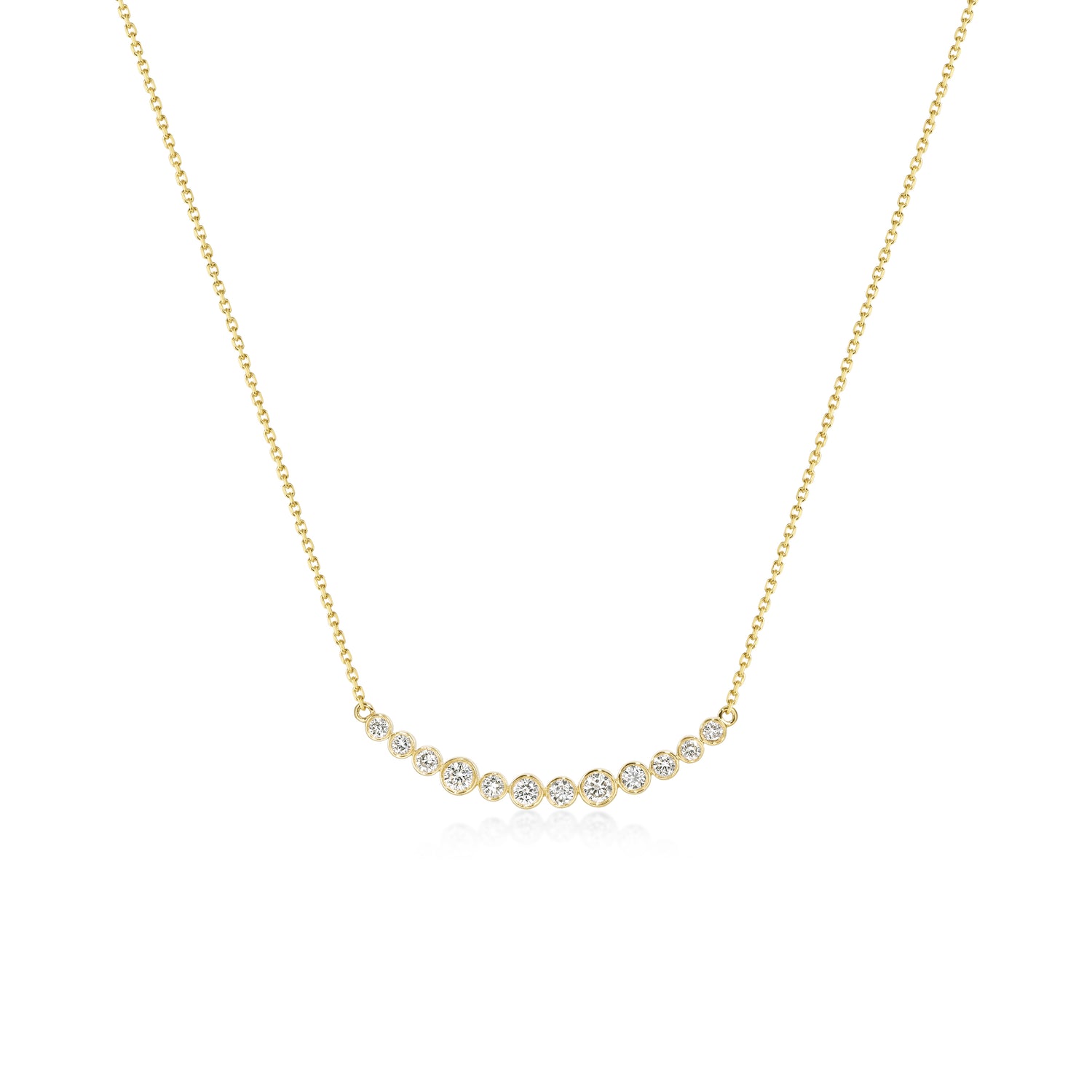 Face view Graduated Bezel set Round Diamond Necklace in 14k/18k Yellow Gold | Millie | Elora