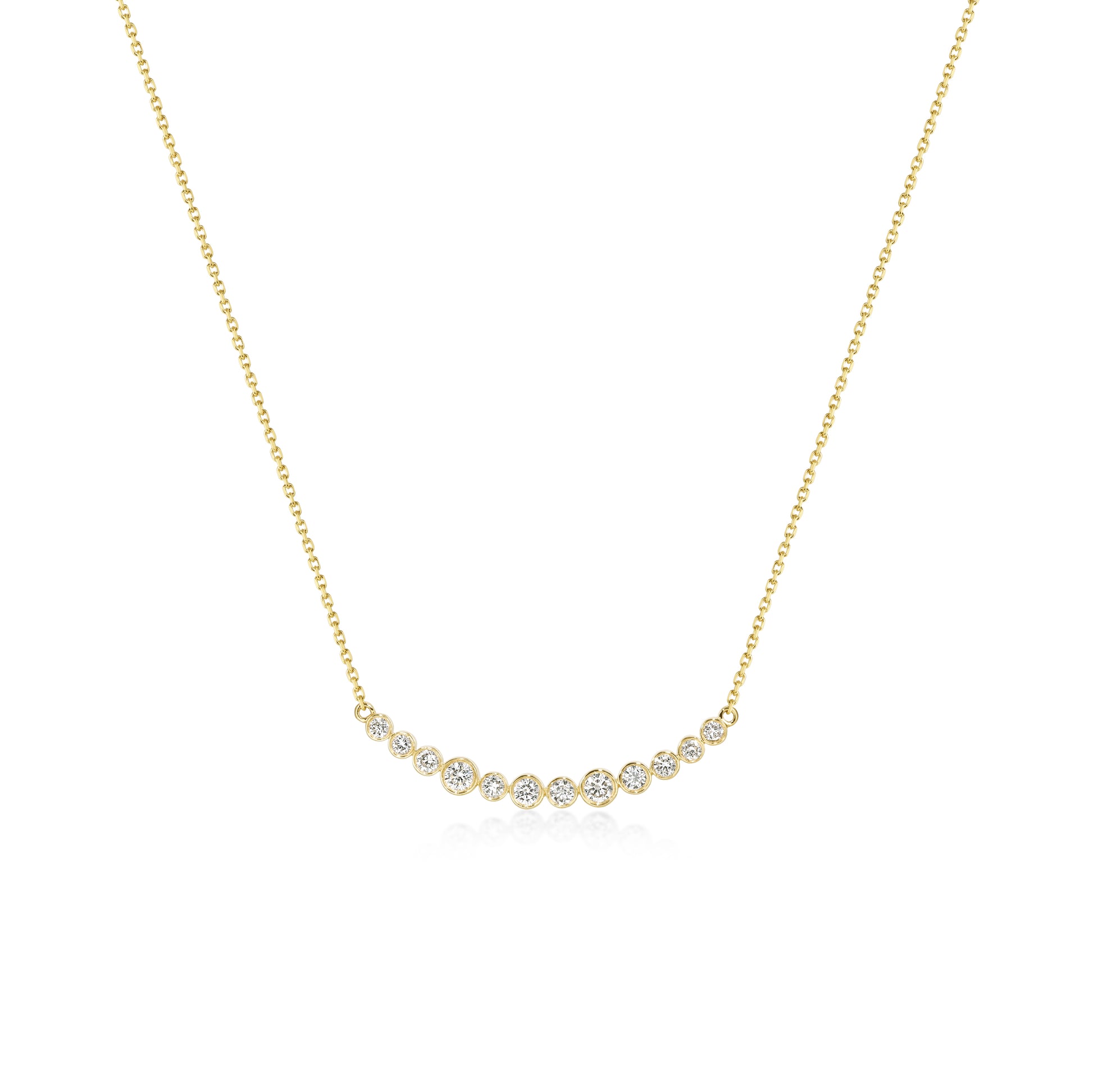 Face view Graduated Bezel set Round Diamond Necklace in 14k/18k Yellow Gold | Millie | Elora