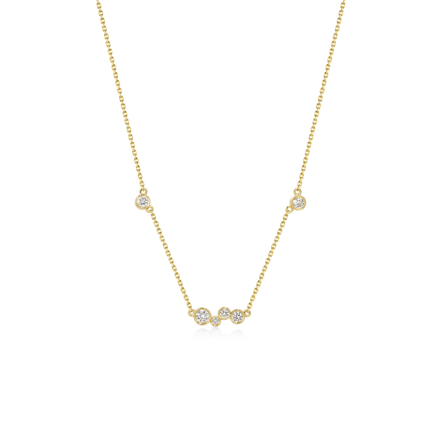 Face view Mixed 6 Bezel set Round Diamonds Necklace in 14k/18k Yellow Gold | Willow | Elora