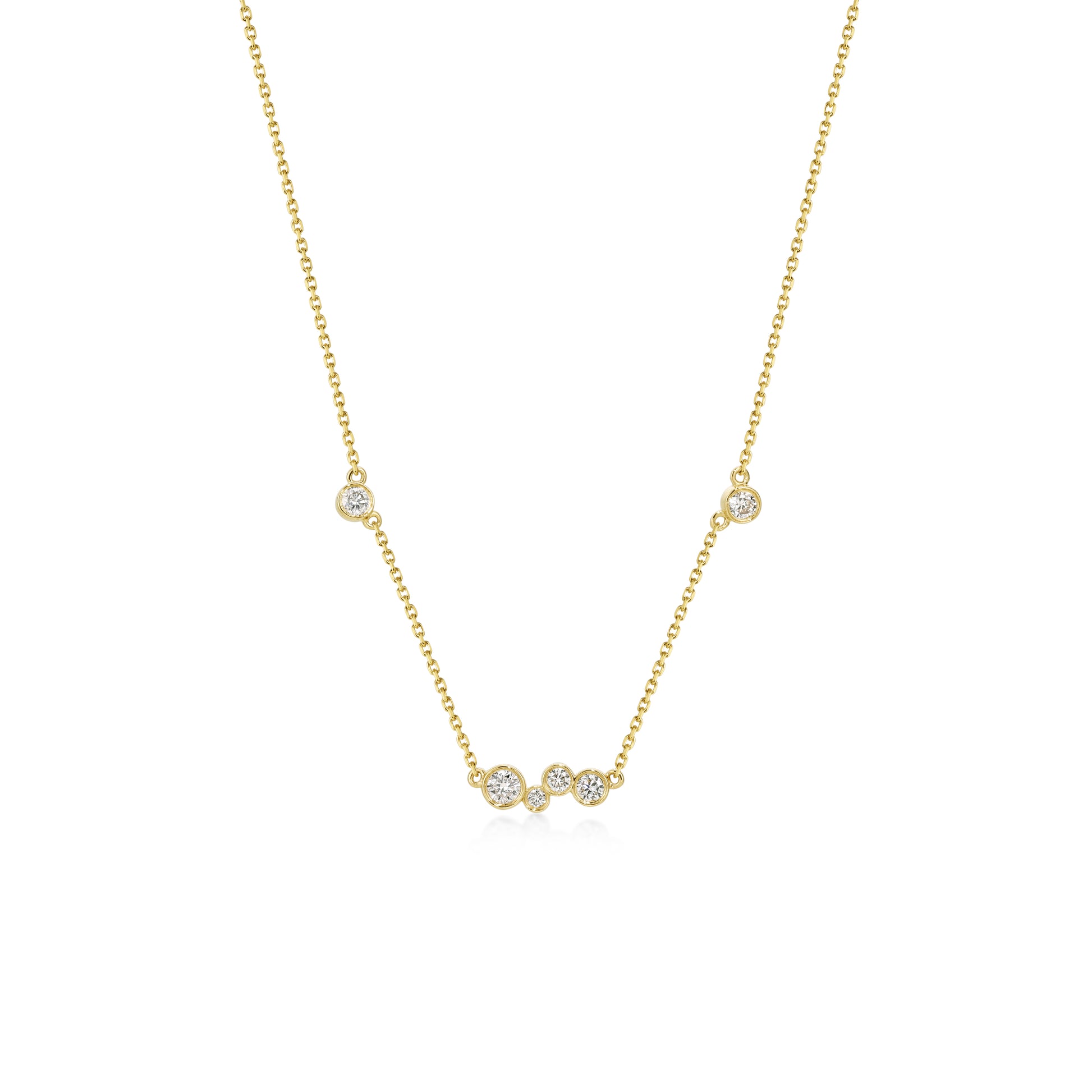Face view Mixed 6 Bezel set Round Diamonds Necklace in 14k/18k Yellow Gold | Willow | Elora