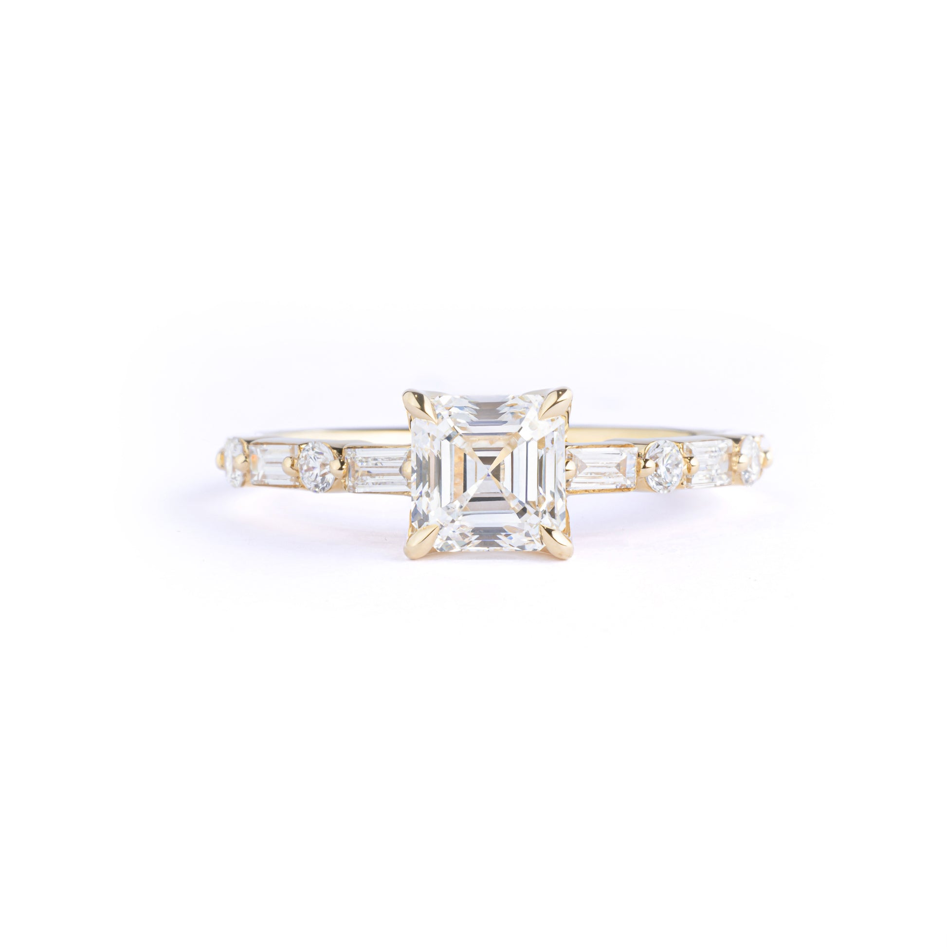 Front View Asscher Cut Lab Grown Diamond Engagement Ring with pavé setting in 14K/18K Gold