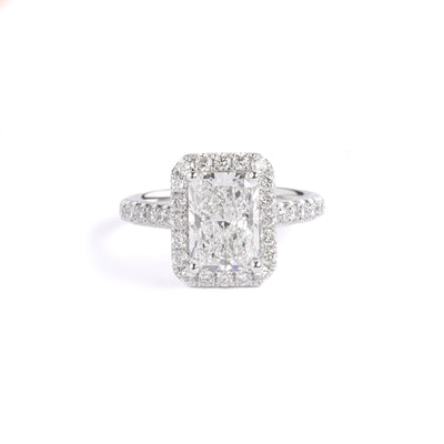 Front View Pavé-set Radiant Cut Lab Grown Diamond Halo Engagement Ring in platinum