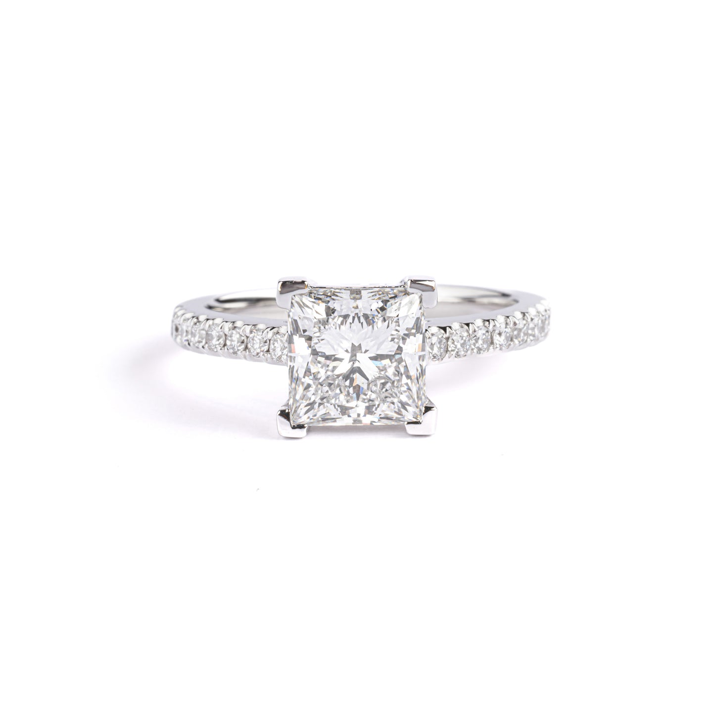 Front View Princess Cut Lab Grown Diamond Engagement Ring in Pavé-set platinum