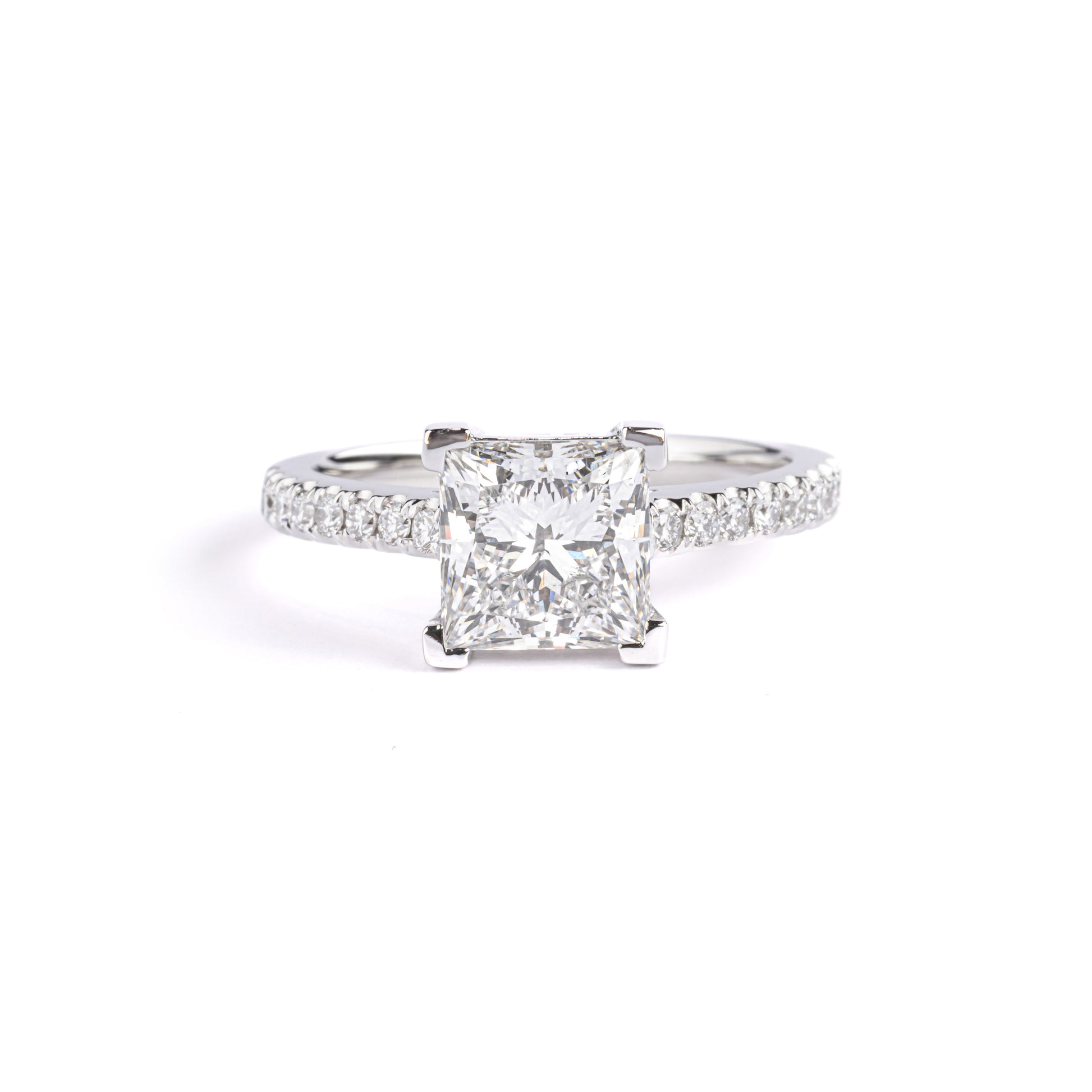Front View Princess Cut Lab Grown Diamond Engagement Ring in Pavé-set platinum