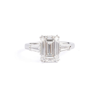 Front View Three Stone Emerald Cut Lab Grown Diamond Engagement Ring in platinum