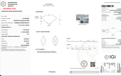 A technical gemological report sheet from the International Gemological Institute (IGI) showing laboratory gemstone dimensions, clarity characteristics, and grading results for a round brilliant cut stone, with a small inset color photograph of the stone near the top center.