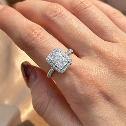 Hand-closeup Briella Radiant Cut Pavé Lab Grown Diamond Halo Engagement Ring