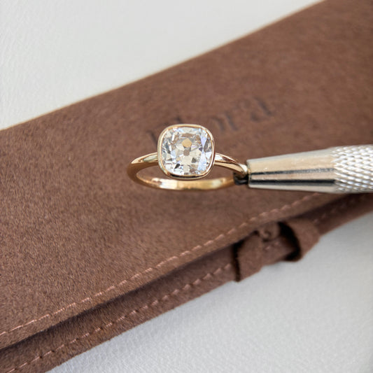 Madison-2.26ct Old Mine Cut Lab Grown Diamond Engagement Ring on a brown soft pouch.