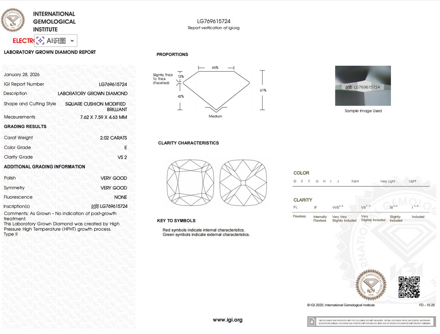 IGI certificate for Old Mine Cushion Cut Diamond Drop Earrings, detailing clarity, color and carat information.