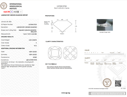 IGI certificate for Old Mine Cushion Cut Diamond Drop Earrings, detailing clarity, color and carat information.