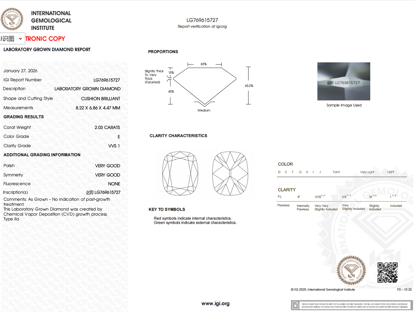 Old Mine Cushion Cut Diamond Drop Earrings with Prongs IGI certificate LG769615727 showing diamond characteristics.