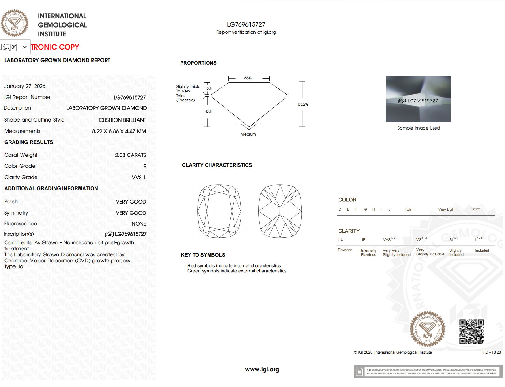 Old Mine Cushion Cut Diamond Drop Earrings with Prongs IGI certificate LG769615727 showing diamond characteristics.