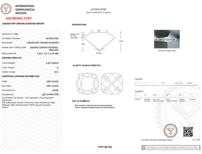 IGI certificate for Old Mine Cushion Cut Diamond Drop Earrings, detailing diamond attributes and grading results.