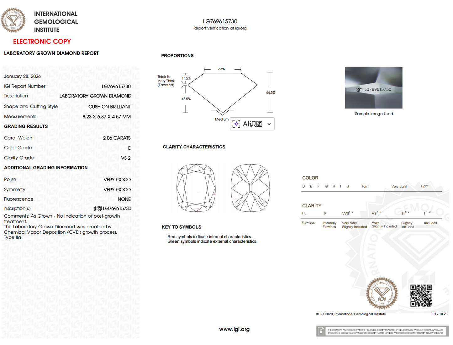 IGI certificate for Old Mine Cushion Cut Diamond Drop Earrings with Prongs, detailing diamond specifications and grading.