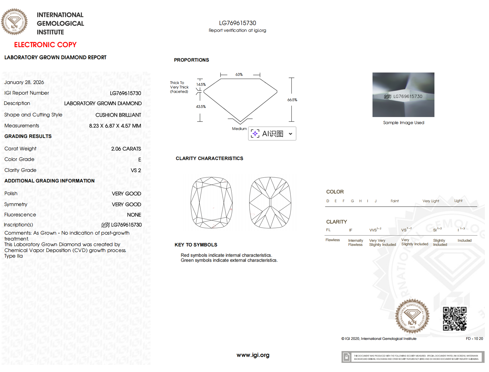IGI certificate for Old Mine Cushion Cut Diamond Drop Earrings with Prongs, detailing diamond specifications and grading.