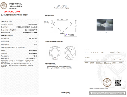 IGI certificate for Old Mine Cushion Cut Diamond Drop Earrings with Prongs, detailing diamond specifications and grading.