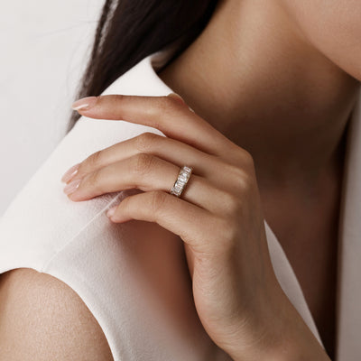 Front View 2.26ctw Emerald Cut Lab-Grown Channel-set Diamond Eternity Band in 14K/18K Gold | Elloit | Elora