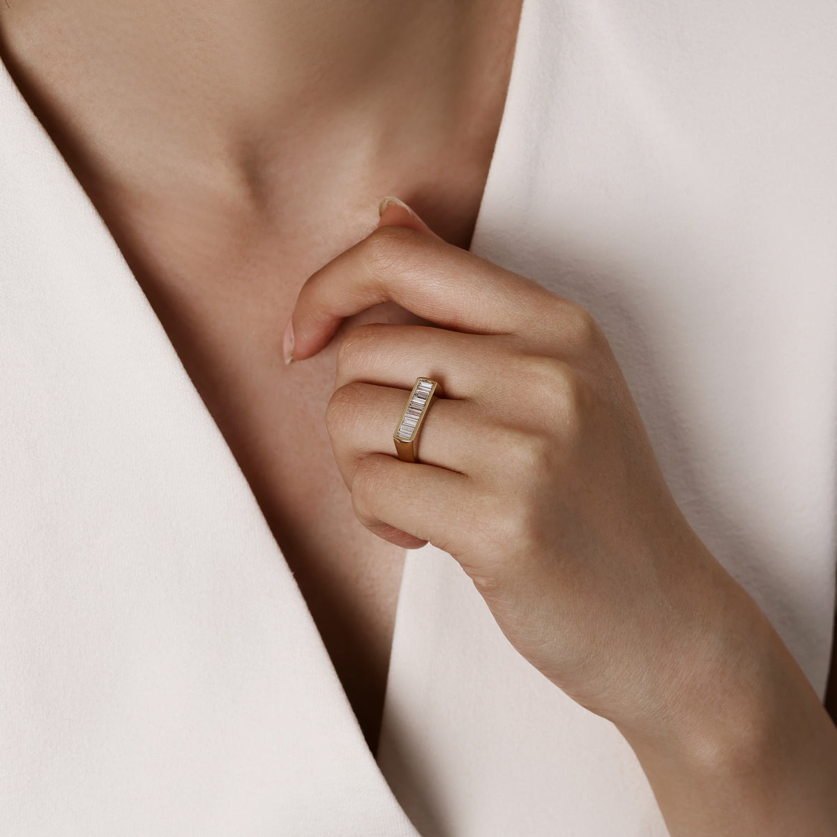 Model Wear A Baguette Cut Lab-Grown Diamond Eternity Band 2.7mm Width | Brooklyn | Elora