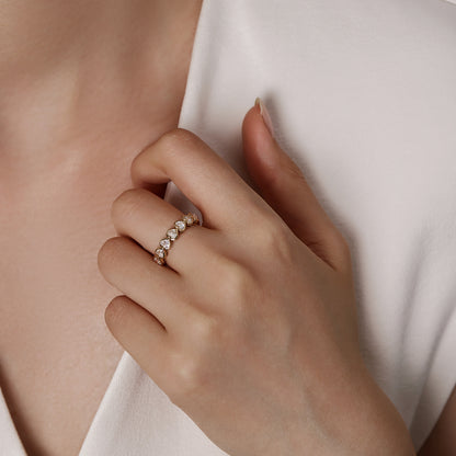 Model Wear A Heart Cut Lab-Grown Diamond Bezel set Eternity Band | Hope | Elora