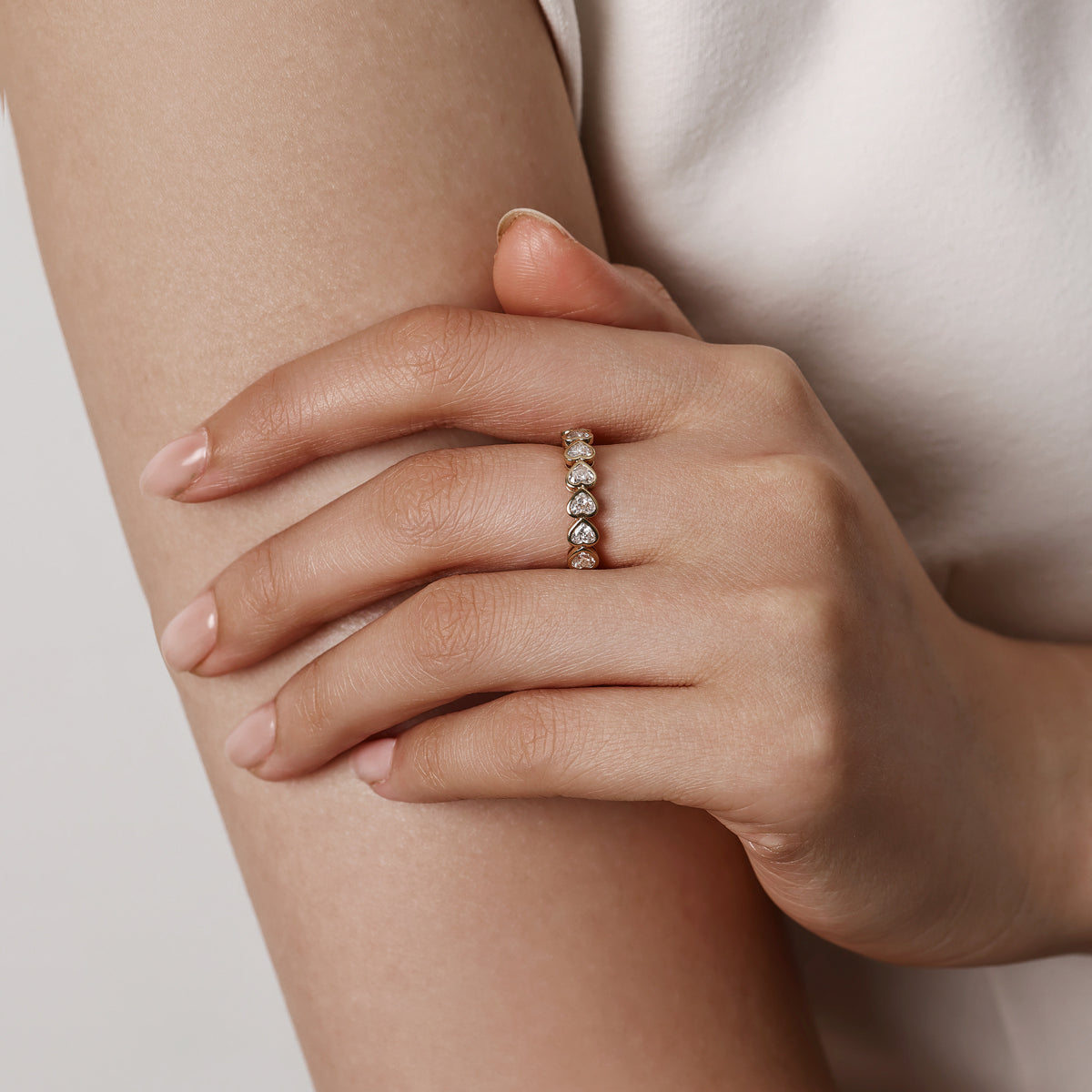 Model Wear A Heart Cut Lab-Grown Diamond Bezel set Half Eternity Band | Hope | Elora