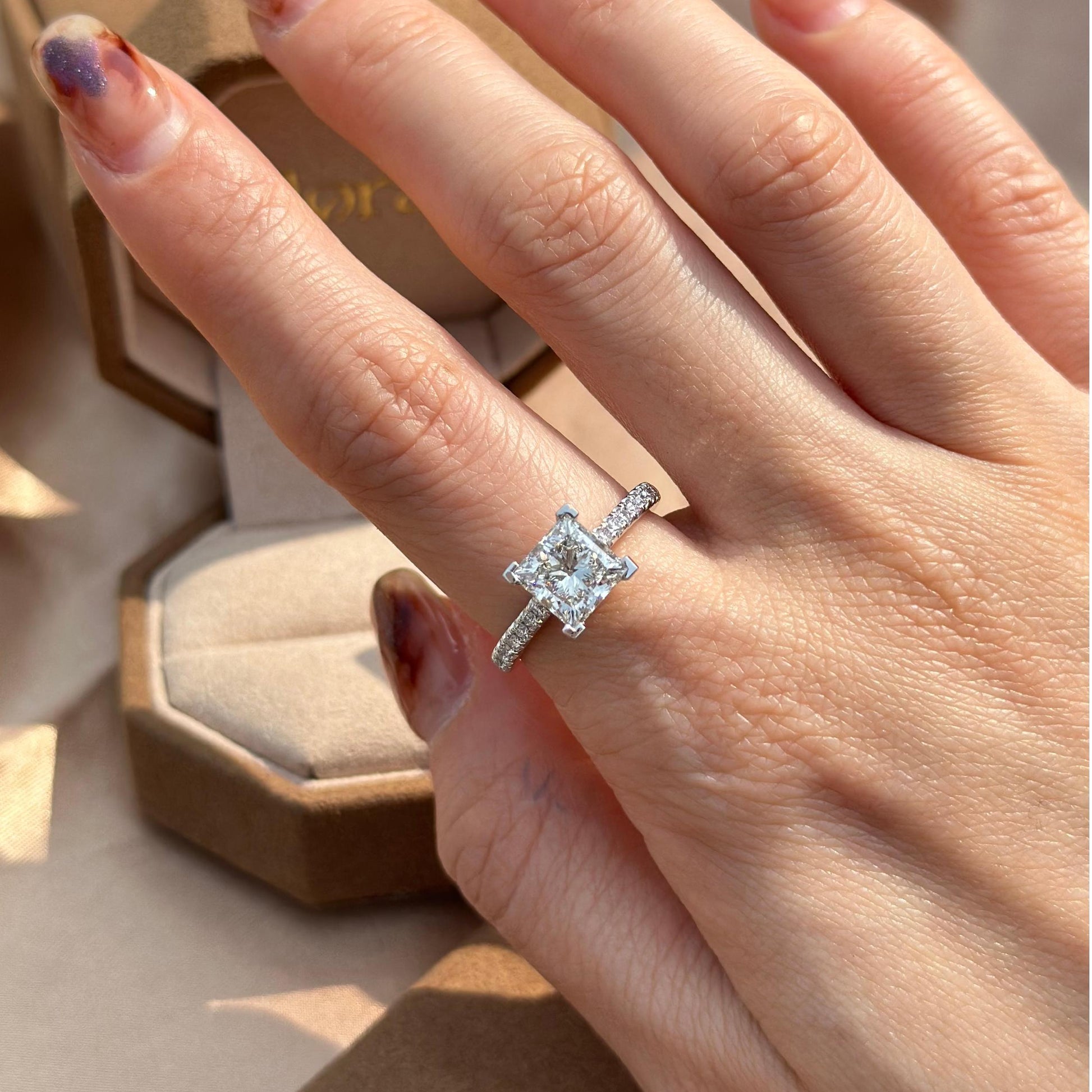 Model hand view of Heidi Princess Cut Diamond Engagement Ring for a wedding ring