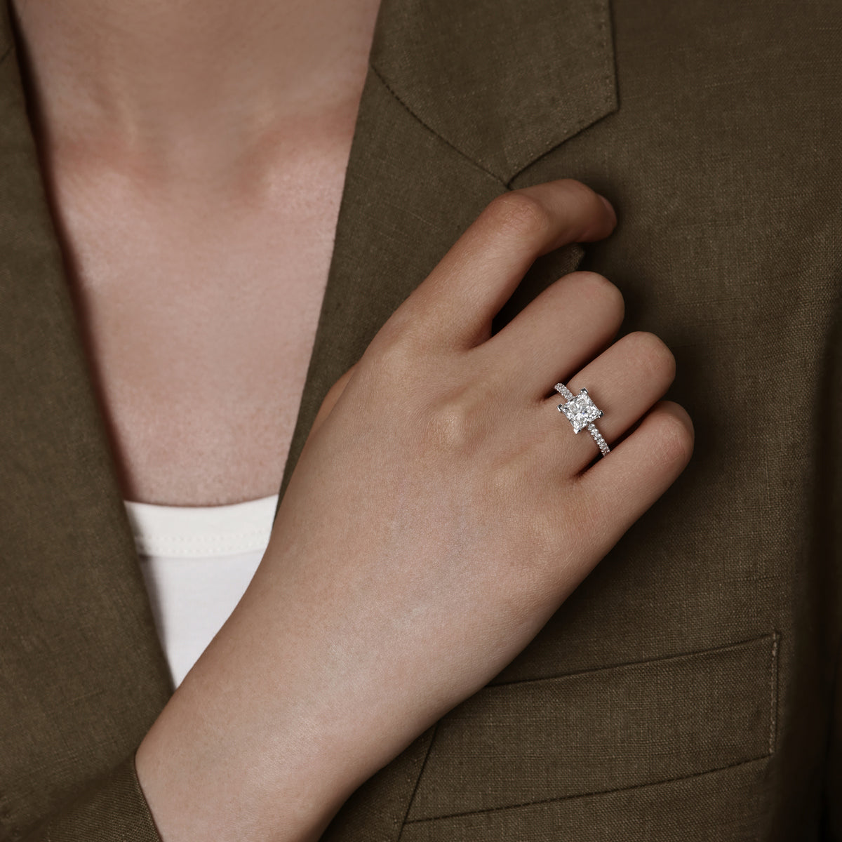 Model hand view of Princess Cut Diamond Pave Engagement Ring in Platinum | Heidi  | Elora