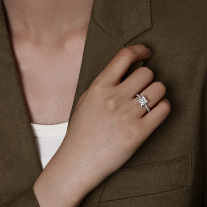 Model hand view of Princess Cut Diamond Pave Engagement Ring in Platinum | Heidi  | Elora