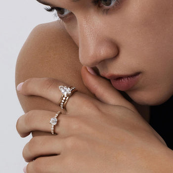 Front View Asscher Cut Lab Grown Diamond Engagement Ring with pavé setting in 14K/18K Gold