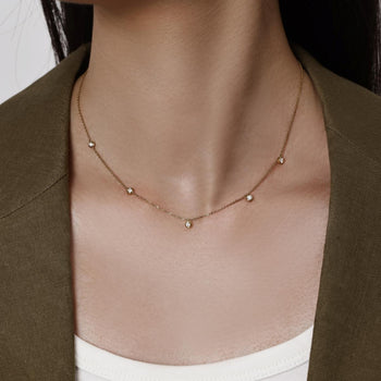 Face view Diamond Station Necklace 5 bezel-set round diamonds in 14k/18k Yellow Gold | Astra | Elora