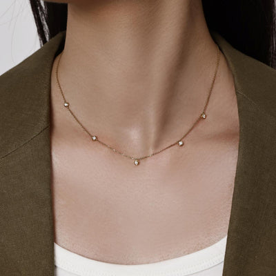 Face view Diamond Station Necklace 5 bezel-set round diamonds in 14k/18k Yellow Gold | Astra | Elora