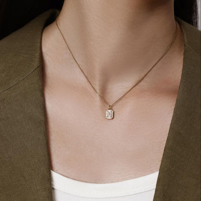 Face view 0.56ct Halo Emerald Cut Diamond Pendant Necklace in 14k/18k Yellow Gold | Estelle | Elora