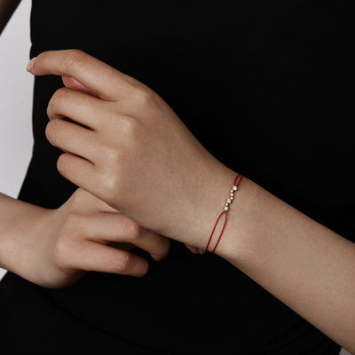 Face view Mixed Bezel set Round Diamond Bracelet Red Cord | Lottie | Elora