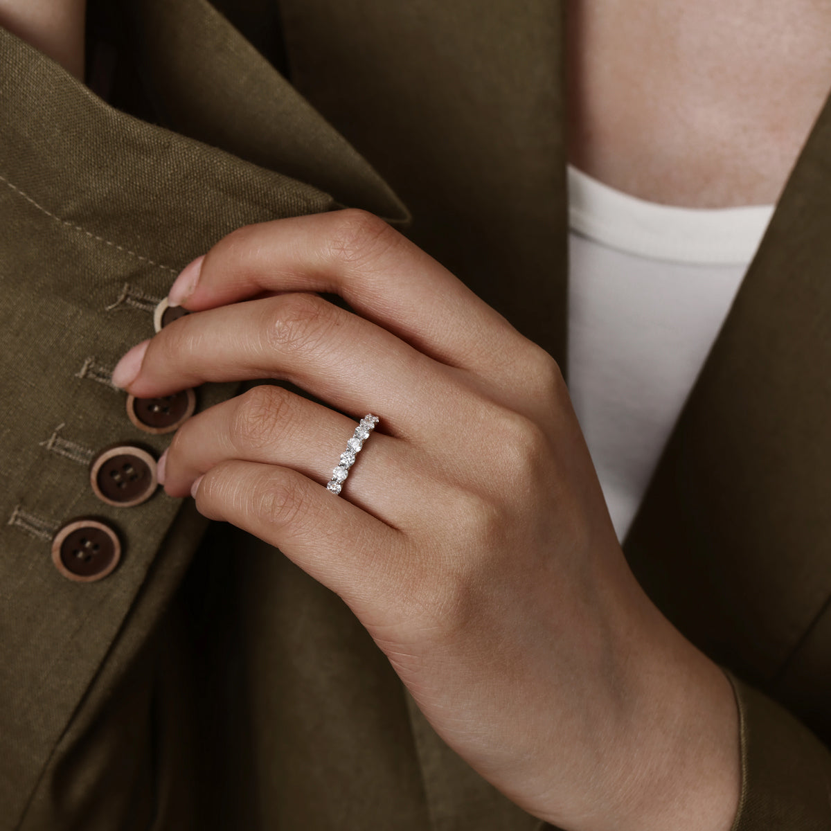 Model wearing a Round Cut White Diamond Half Eternity Band