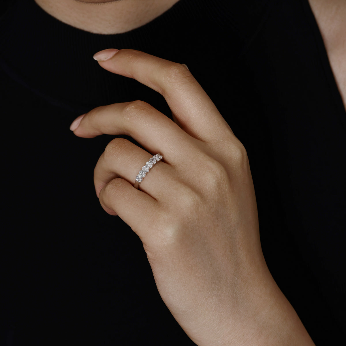 Model wearing an Oval Cut 0.65ctw Diamond Half Eternity Band
